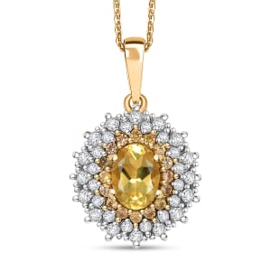Premium Brazilian Heliodor and Multi Gemstone 1.50 ctw Sunburst Halo Pendant Necklace in 18K Yellow Gold Vermeil Sterling Silver 20 Inches