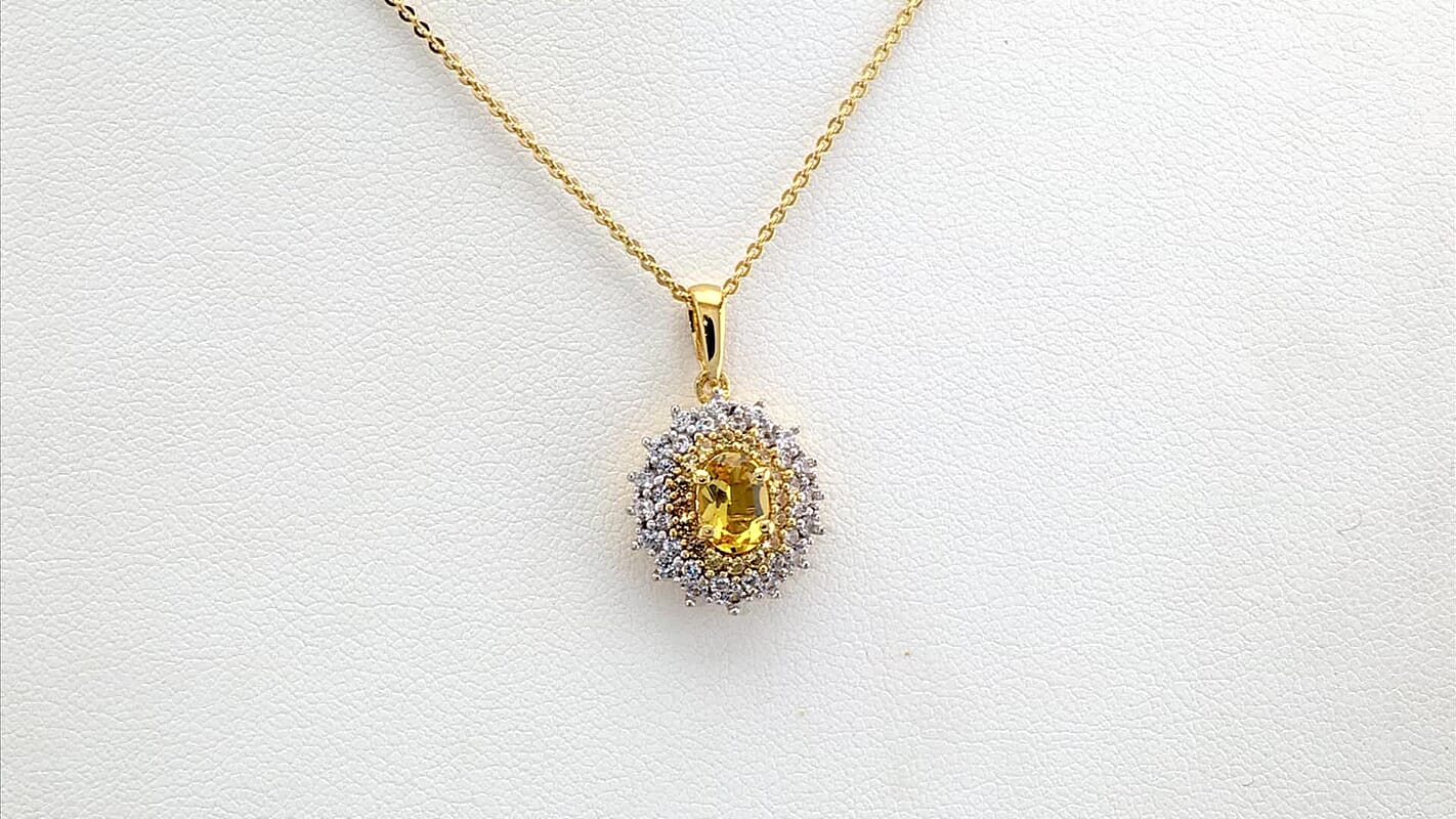 Premium Brazilian Heliodor and Multi Gemstone 1.50 ctw Sunburst Halo Pendant Necklace in 18K Yellow Gold Vermeil Sterling Silver 20 Inches