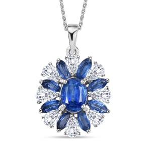 Kashmir Kyanite and White Zircon 5.65 ctw Stellar Bloom Pendant Necklace in Rhodium Over Sterling Silver 20 Inches