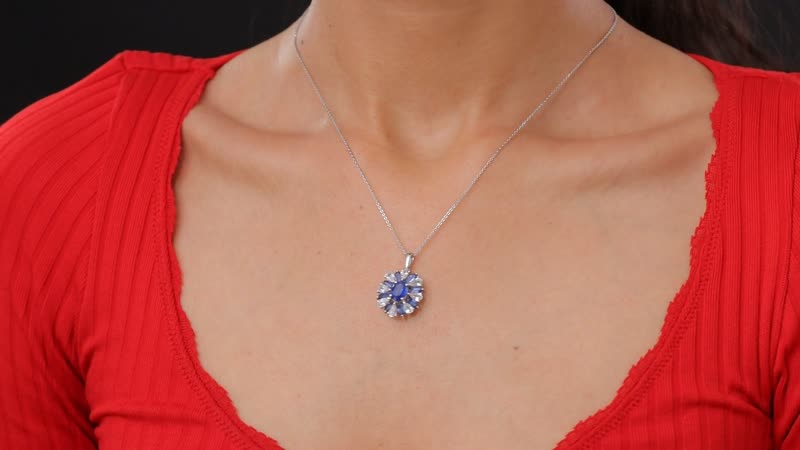 Kashmir Kyanite and White Zircon 5.65 ctw Stellar Bloom Pendant Necklace in Rhodium Over Sterling Silver 20 Inches