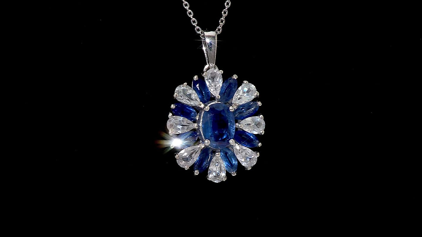 Kashmir Kyanite and White Zircon 5.65 ctw Stellar Bloom Pendant Necklace in Rhodium Over Sterling Silver 20 Inches