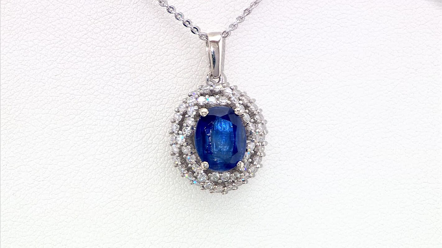 Kashmir Kyanite and Moissanite 4.10 ctw Cosmic Empress Pendant Necklace in Rhodium Over Sterling Silver 20 Inches