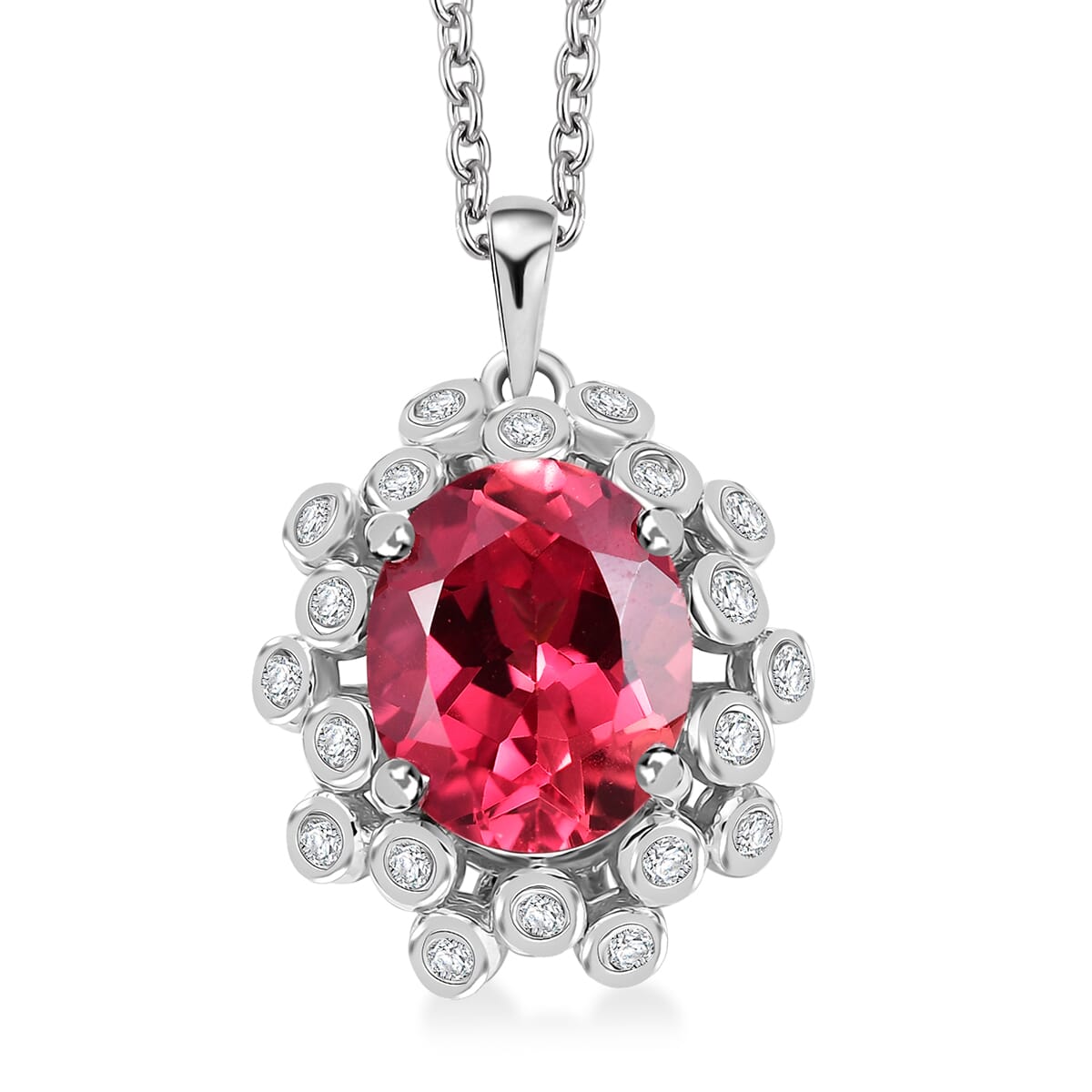 Lab Created Padparadscha Sapphire and White Sapphire 4.10 ctw Pendant in Rhodium Over Sterling Silver with Stainless Steel Necklace 20 Inches image number 0