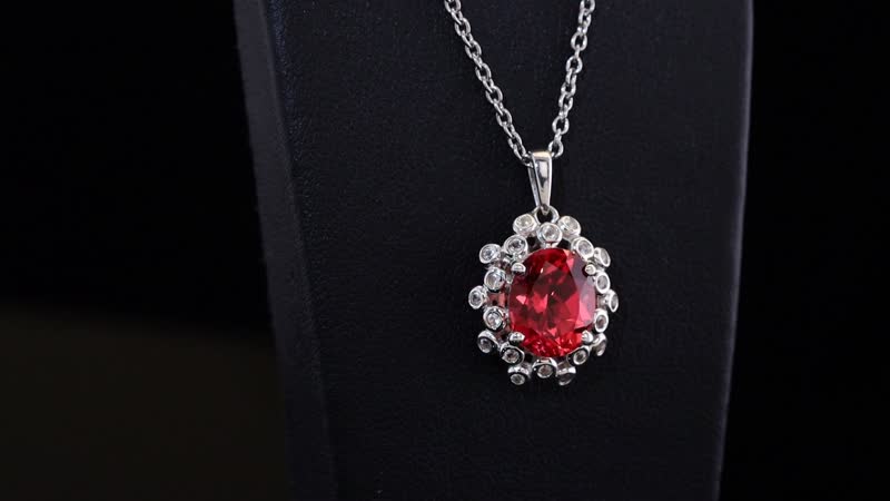 D'Joy Lab Created Padparadscha and White Sapphire 4.10 ctw Floral Bloom Pendant in Rhodium Over Sterling Silver with Stainless Steel Necklace 20 Inches