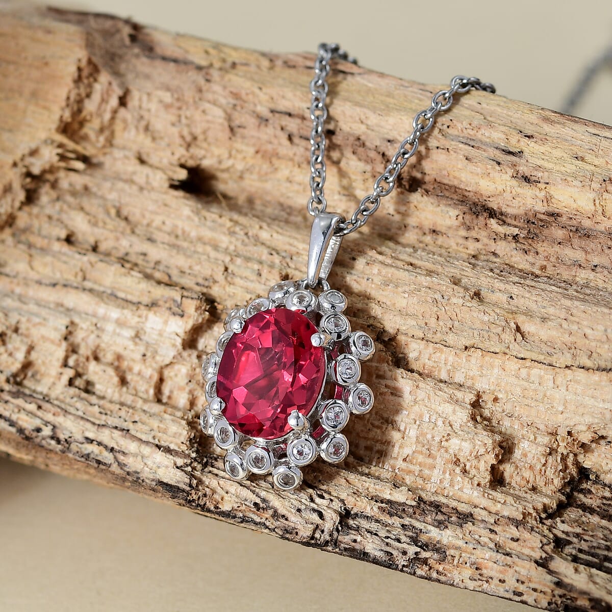 Lab Created Padparadscha Sapphire and White Sapphire 4.10 ctw Pendant in Rhodium Over Sterling Silver with Stainless Steel Necklace 20 Inches image number 1