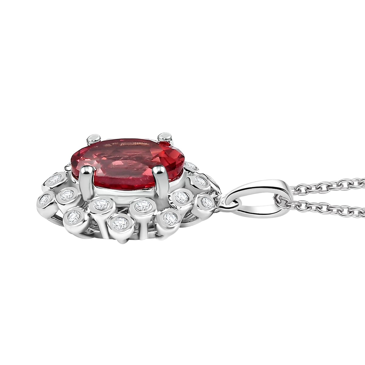 Lab Created Padparadscha Sapphire and White Sapphire 4.10 ctw Pendant in Rhodium Over Sterling Silver with Stainless Steel Necklace 20 Inches image number 3