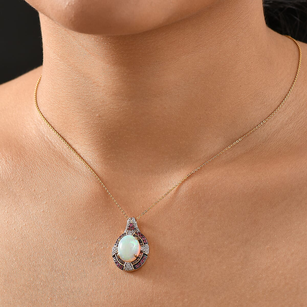 D'Joy Ethiopian Welo Opal and Multi Gemstone 4.70 ctw Pendant Necklace in 18K Vermeil Yellow Gold Over Sterling Silver 20 Inches image number 2