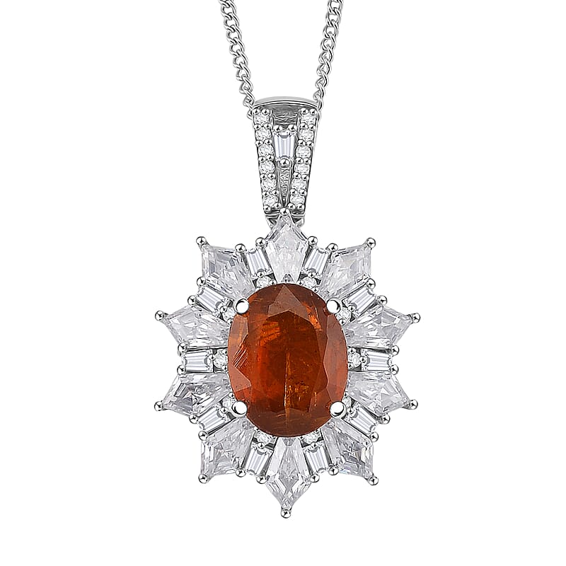 D'Joy Orange Kyanite and Moissanite 5.00 ctw  Starlight Halo Pendant Necklace in Rhodium Over Sterling Silver 18 Inches
