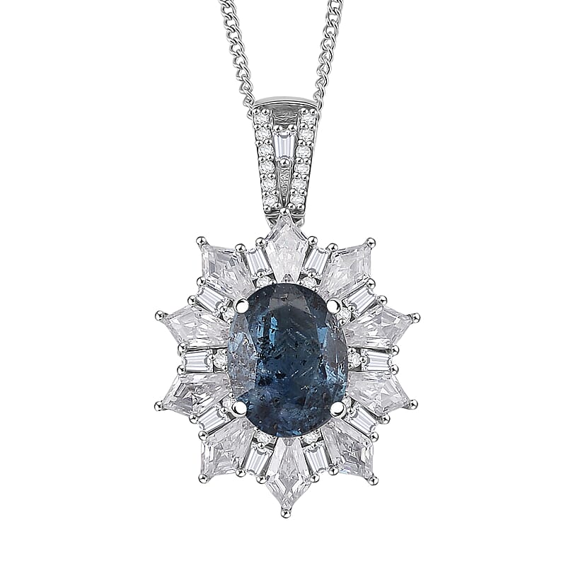 D'Joy Indigo Kyanite and Moissanite 5.50 ctw  Starlight Halo Pendant Necklace in Rhodium Over Sterling Silver 18 Inches