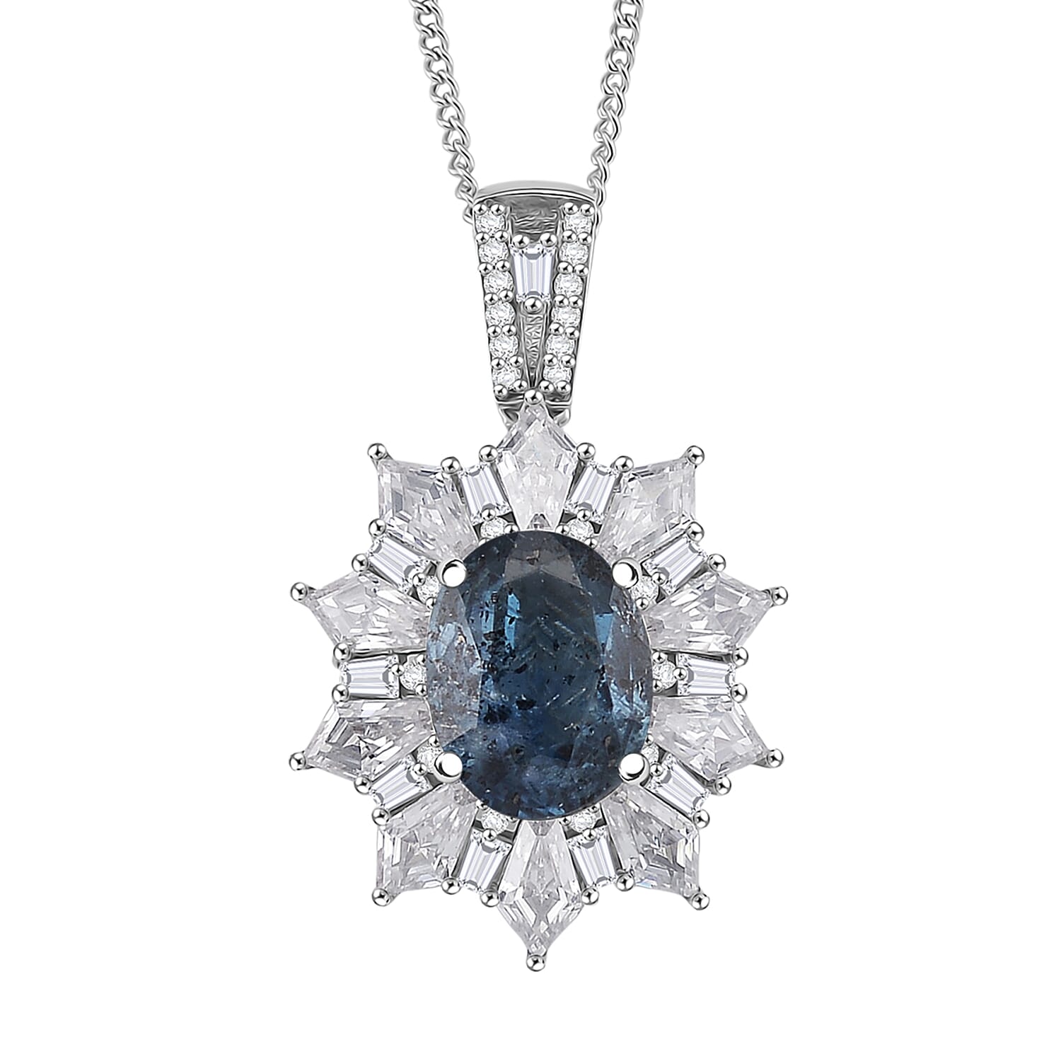 D'Joy Indigo Kyanite and Moissanite 5.50 ctw Starlight Halo Pendant Necklace in Rhodium Over Sterling Silver 18 Inches