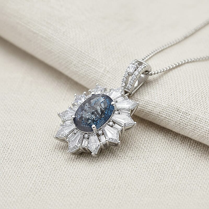D'Joy Indigo Kyanite and Moissanite 5.50 ctw  Starlight Halo Pendant Necklace in Rhodium Over Sterling Silver 18 Inches