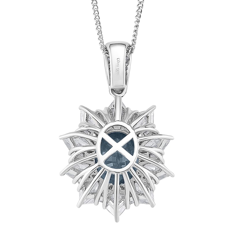 D'Joy Indigo Kyanite and Moissanite 5.50 ctw  Starlight Halo Pendant Necklace in Rhodium Over Sterling Silver 18 Inches