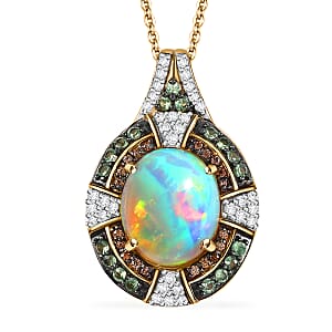 D'Joy Ethiopian Welo Opal and Multi Gemstone 4.70 ctw Greek Cross Pendant Necklace in 18K Vermeil Yellow Gold Over Sterling Silver 20 Inches
