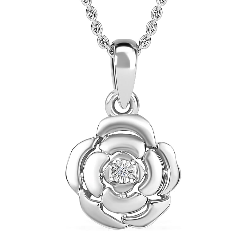 Luxuriant Lab Grown Diamond VS Accent Floral Pendant in Sterling Silver with Stainless Steel Necklace 20 Inches