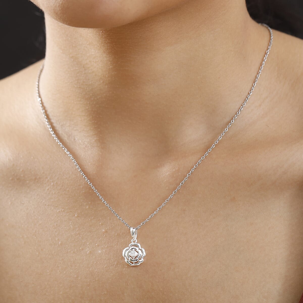 Luxuriant Lab Grown Diamond VS Accent Floral Pendant in Sterling Silver with Stainless Steel Necklace 20 Inches image number 2