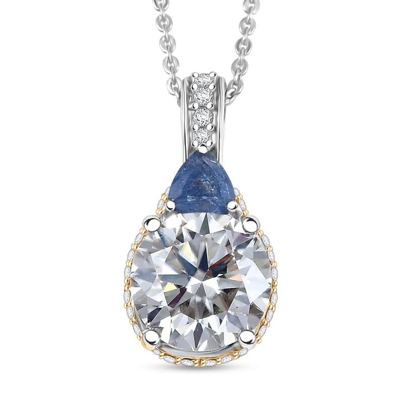 D'Joy Heart and Arrow Cut Moissanite and Masoala Sapphire (D) 4.70 ctw Pendant Necklace in 18K Vermeil YG and Rhodium Over Sterling Silver 20 Inches