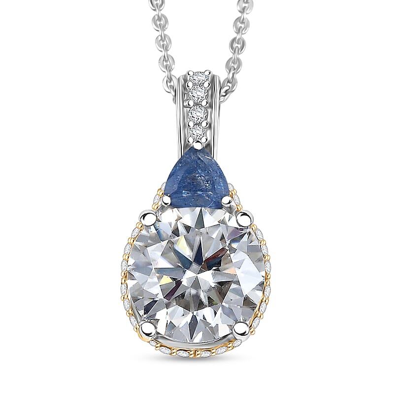 D'Joy Heart and Arrow Cut Moissanite and Masoala Sapphire (D) 4.70 ctw Pendant Necklace in 18K Vermeil YG and Rhodium Over Sterling Silver 20 Inches