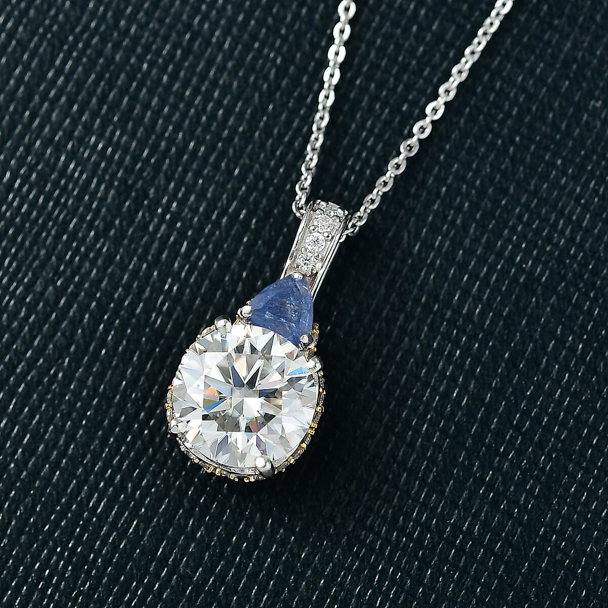 D'Joy Heart and Arrow Cut Moissanite and Masoala Sapphire (D) 4.70 ctw Pendant Necklace in 18K Vermeil YG and Rhodium Over Sterling Silver 20 Inches image number 1