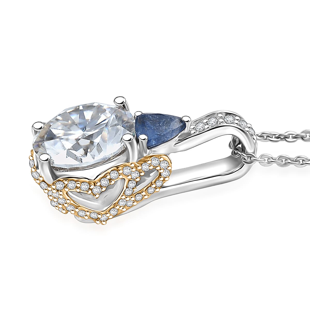 D'Joy Heart and Arrow Cut Moissanite and Masoala Sapphire (D) 4.70 ctw Pendant Necklace in 18K Vermeil YG and Rhodium Over Sterling Silver 20 Inches image number 3