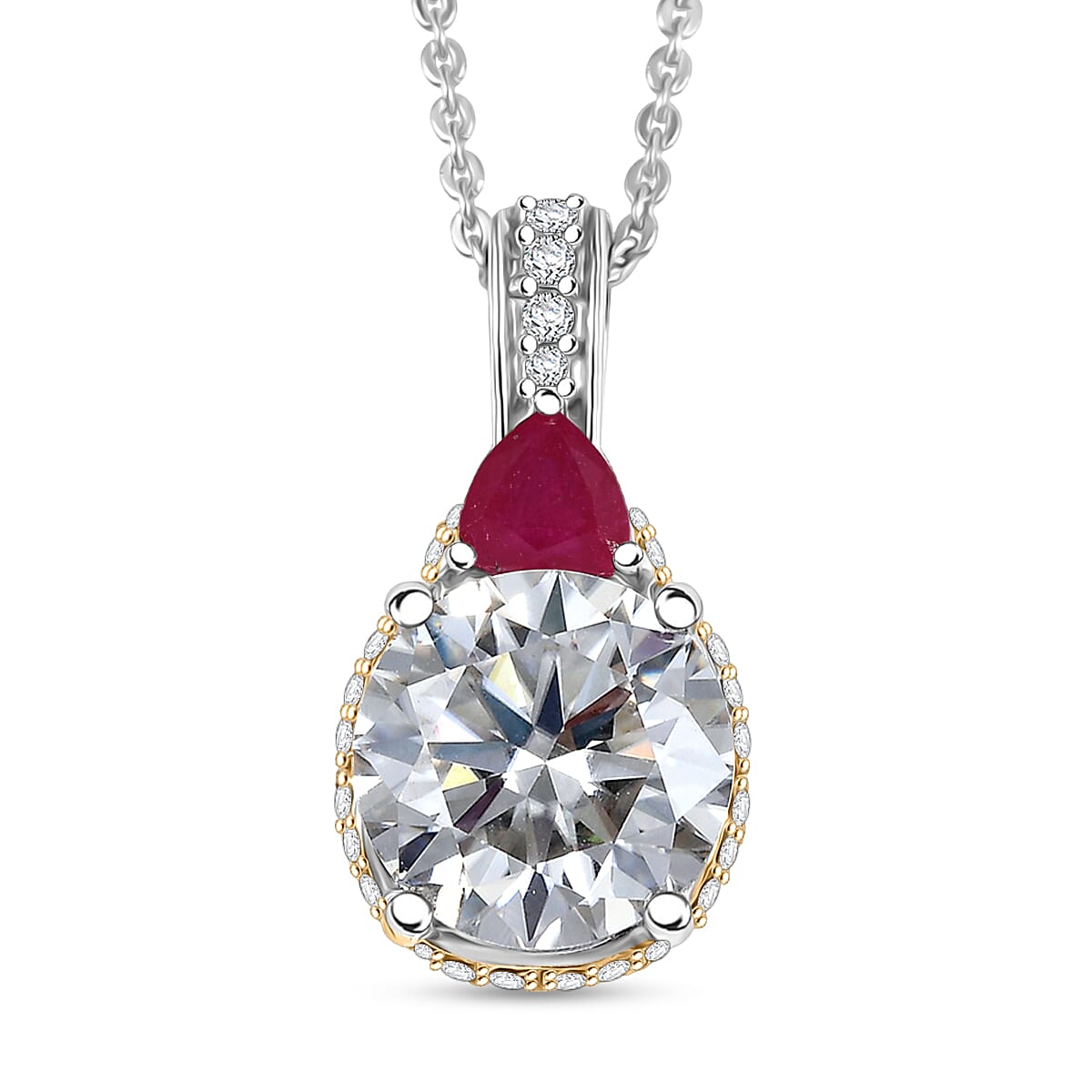 D'Joy Heart and Arrow Cut Moissanite and Niassa Ruby (FF) 3.70 ctw Pendant Necklace in 18K Vermeil YG and Rhodium Over Sterling Silver 20 Inches image number 0