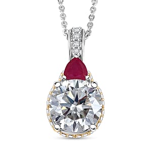 D'Joy Heart and Arrow Cut Moissanite and Niassa Ruby (FF) 3.70 ctw Pendant Necklace in 18K Vermeil YG and Rhodium Over Sterling Silver 20 Inches