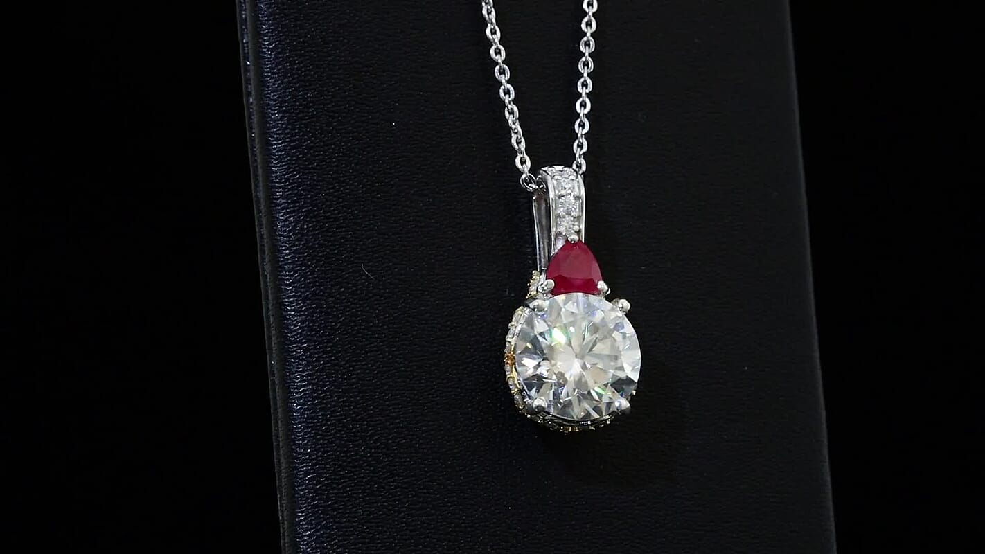 D'Joy Heart and Arrow Cut Moissanite and Masoala Sapphire (D) 4.70 ctw Pendant Necklace in 18K Vermeil YG and Rhodium Over Sterling Silver 20 Inches