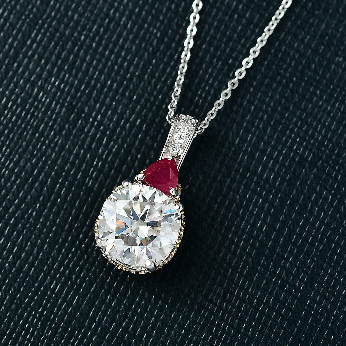D'Joy Heart and Arrow Cut Moissanite and Niassa Ruby (FF) 3.70 ctw Pendant Necklace in 18K Vermeil YG and Rhodium Over Sterling Silver 20 Inches image number 1