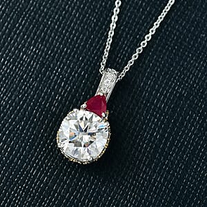 D'Joy Heart and Arrow Cut Moissanite and Niassa Ruby (FF) 3.70 ctw Pendant Necklace in 18K Vermeil YG and Rhodium Over Sterling Silver 20 Inches