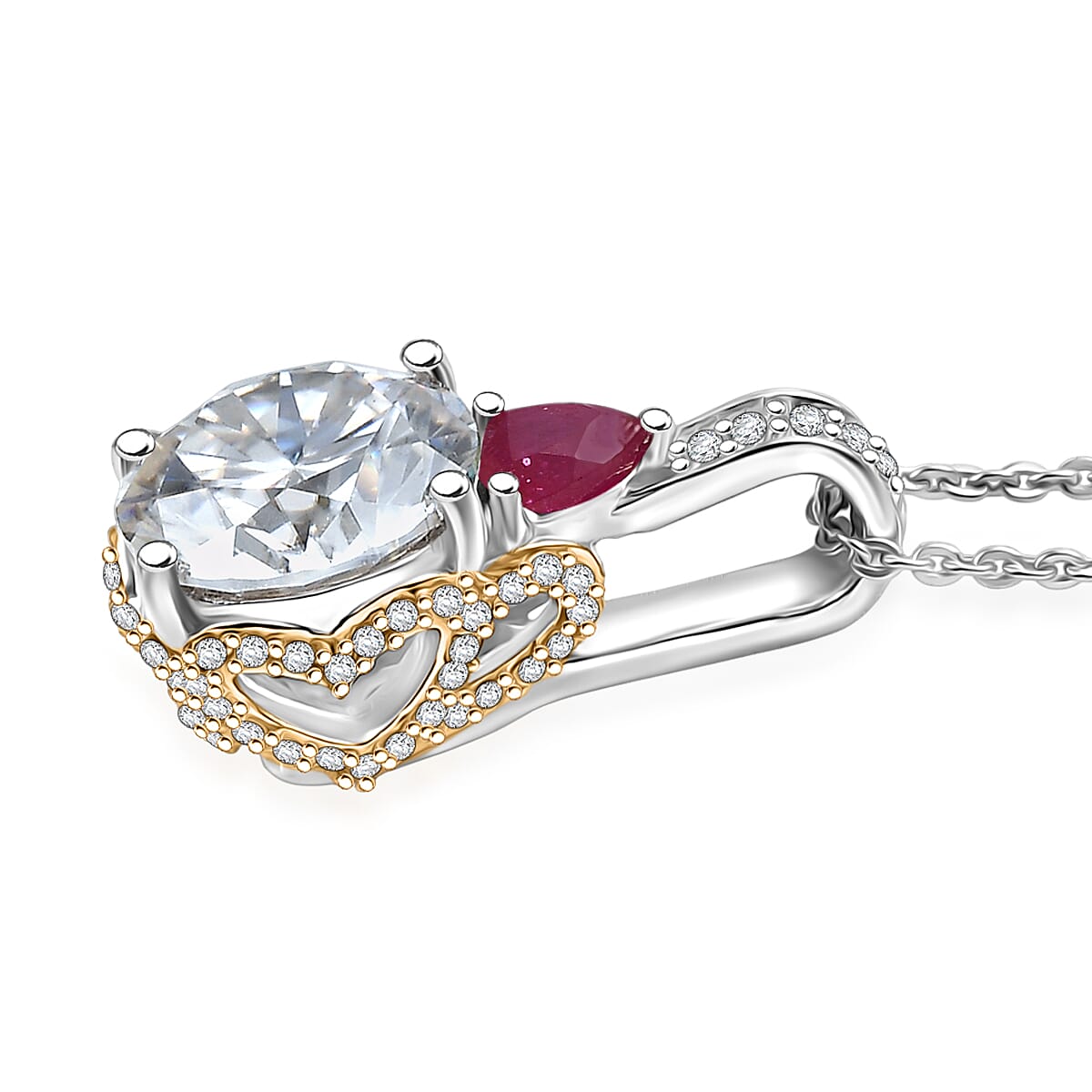 D'Joy Heart and Arrow Cut Moissanite and Niassa Ruby (FF) 3.70 ctw Pendant Necklace in 18K Vermeil YG and Rhodium Over Sterling Silver 20 Inches image number 3