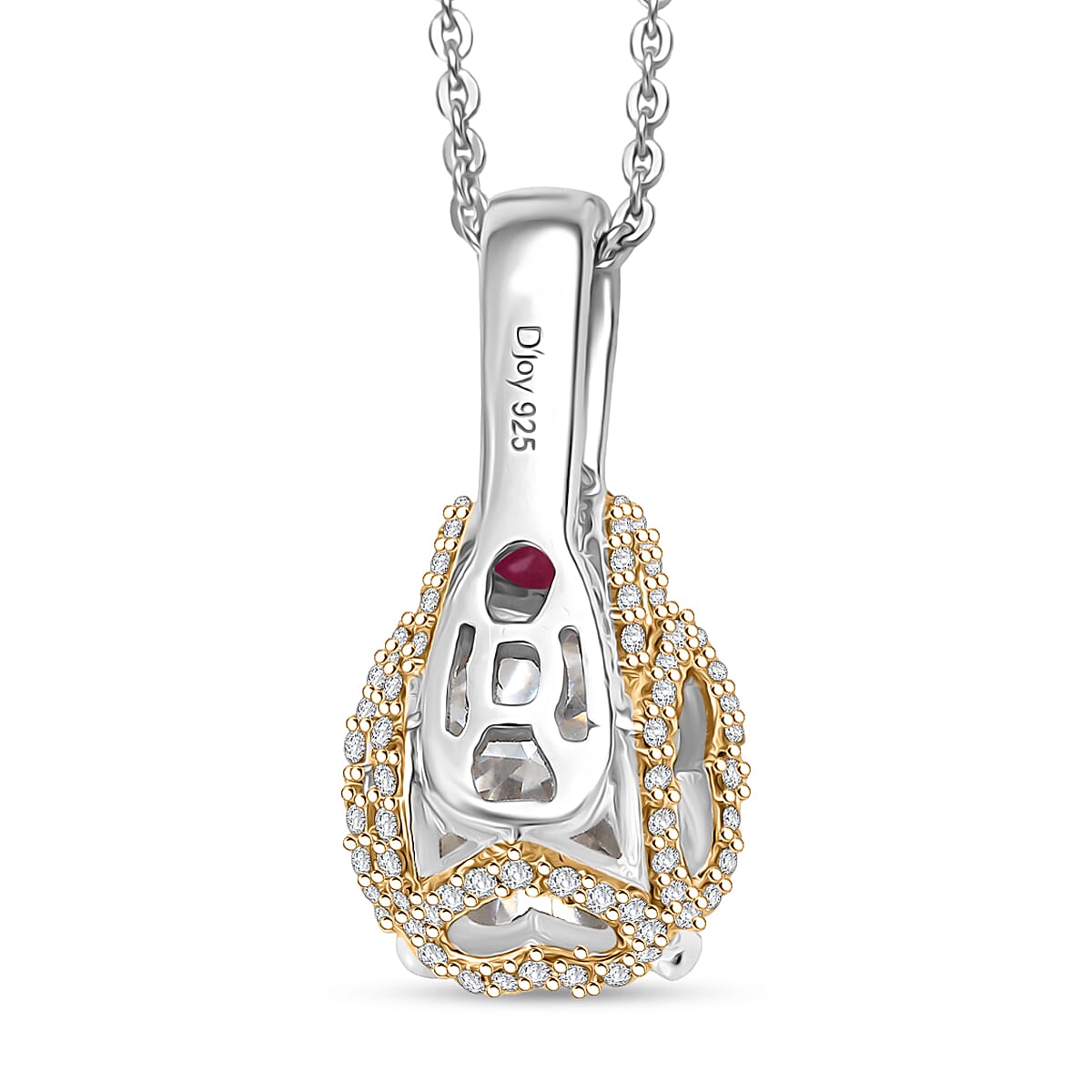 D'Joy Heart and Arrow Cut Moissanite and Niassa Ruby (FF) 3.70 ctw Pendant Necklace in 18K Vermeil YG and Rhodium Over Sterling Silver 20 Inches