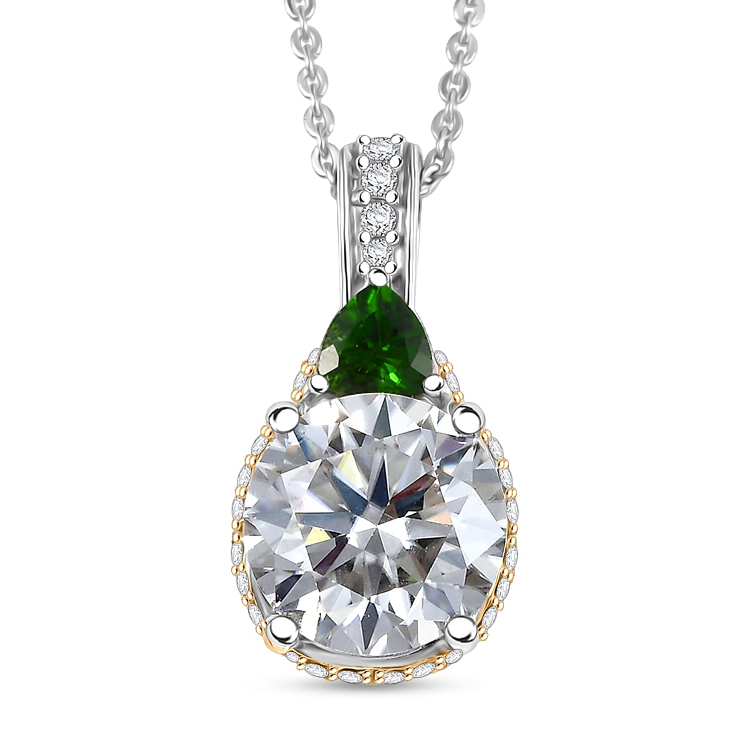 D'Joy Heart and Arrow Cut Moissanite and Chrome Diopside 3.65 ctw Pendant Necklace in 18K Vermeil YG and Rhodium Over Sterling S
