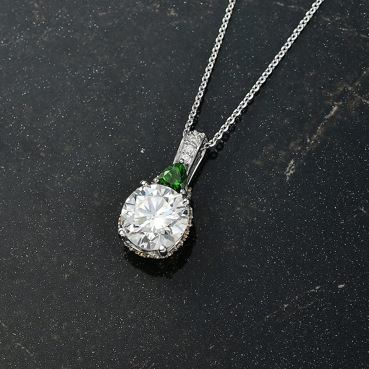 D'Joy Heart and Arrow Cut Moissanite and Chrome Diopside 3.65 ctw Pendant Necklace in 18K Vermeil YG and Rhodium Over Sterling Silver 20 Inches image number 1