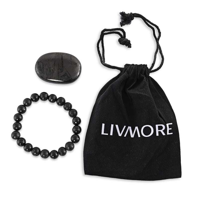 Shungite Beaded Stretch Bracelet and Palm Stone
