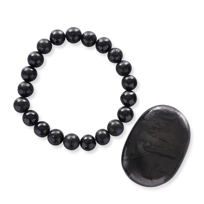 Shungite Beaded Stretch Bracelet and Palm Stone