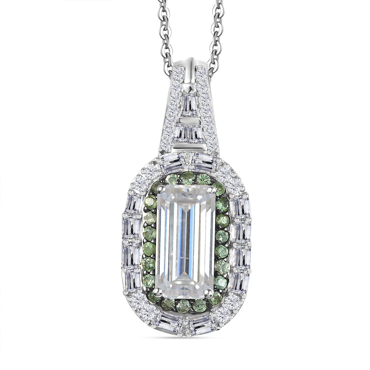 D'Joy Moissanite and Tsavorite Garnet 4.40 ctw Art Deco Pendant Necklace in Rhodium Over Sterling Silver 20 Inches image number 0