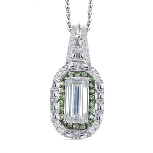 D'Joy Moissanite and Tsavorite Garnet 4.40 ctw Art Deco Pendant Necklace in Rhodium Over Sterling Silver 20 Inches
