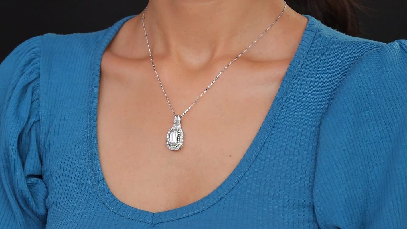 Moissanite (Oct 12x6mm), Tsavorite Garnet Pendant Necklace (20 Inches) in Rhodium Over Sterling Silver 4.40 ctw