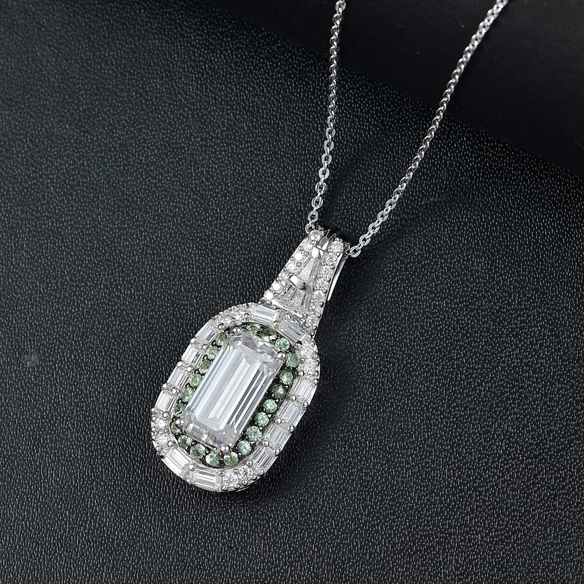 D'Joy Moissanite and Tsavorite Garnet 4.40 ctw Art Deco Pendant Necklace in Rhodium Over Sterling Silver 20 Inches image number 1