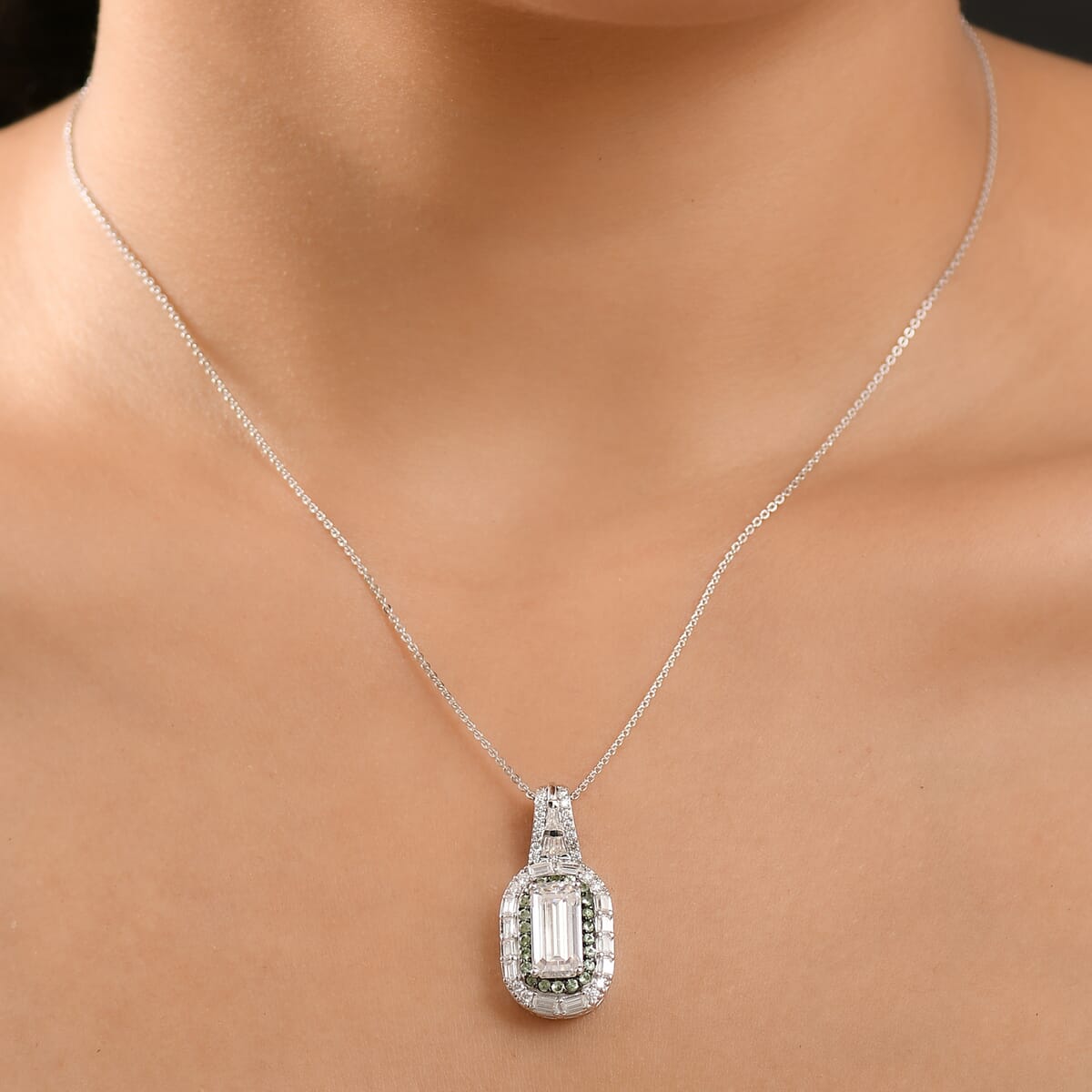 D'Joy Moissanite and Tsavorite Garnet 4.40 ctw Art Deco Pendant Necklace in Rhodium Over Sterling Silver 20 Inches image number 2