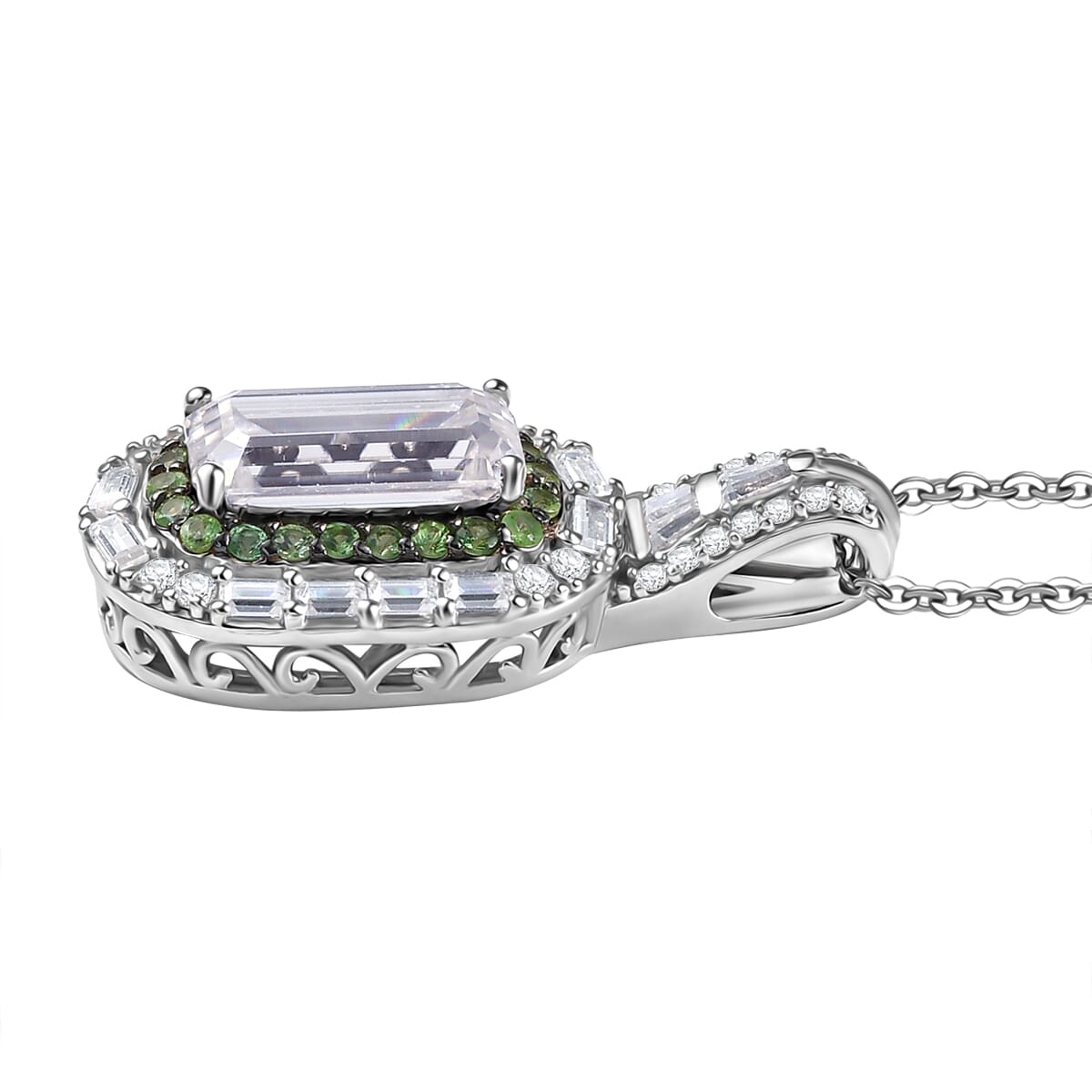 D'Joy Moissanite and Tsavorite Garnet 4.40 ctw Art Deco Pendant Necklace in Rhodium Over Sterling Silver 20 Inches image number 3