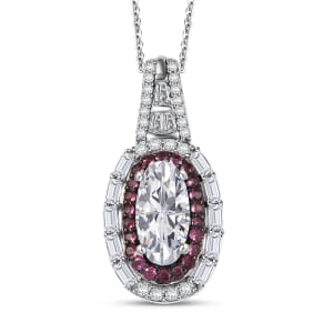 D'Joy Moissanite and Ouro Fino Rubellite 3.65 ctw Art Deco Pendant Necklace 20 Inches in Rhodium Over Sterling Silver