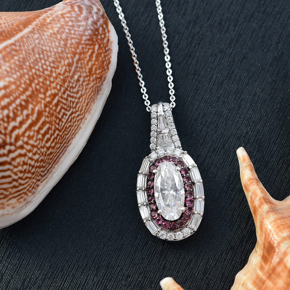 Moissanite (Oct 12x6mm), Tsavorite Garnet Pendant Necklace (20 Inches) in Rhodium Over Sterling Silver 4.40 ctw image number 1