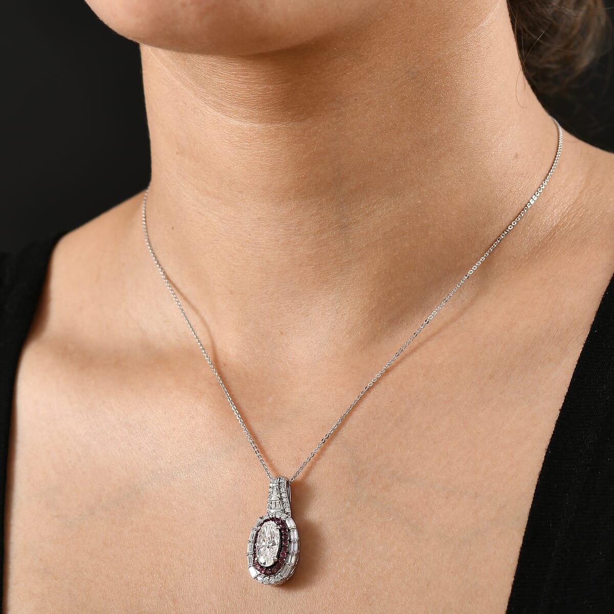 Moissanite (Oct 12x6mm), Tsavorite Garnet Pendant Necklace (20 Inches) in Rhodium Over Sterling Silver 4.40 ctw image number 2