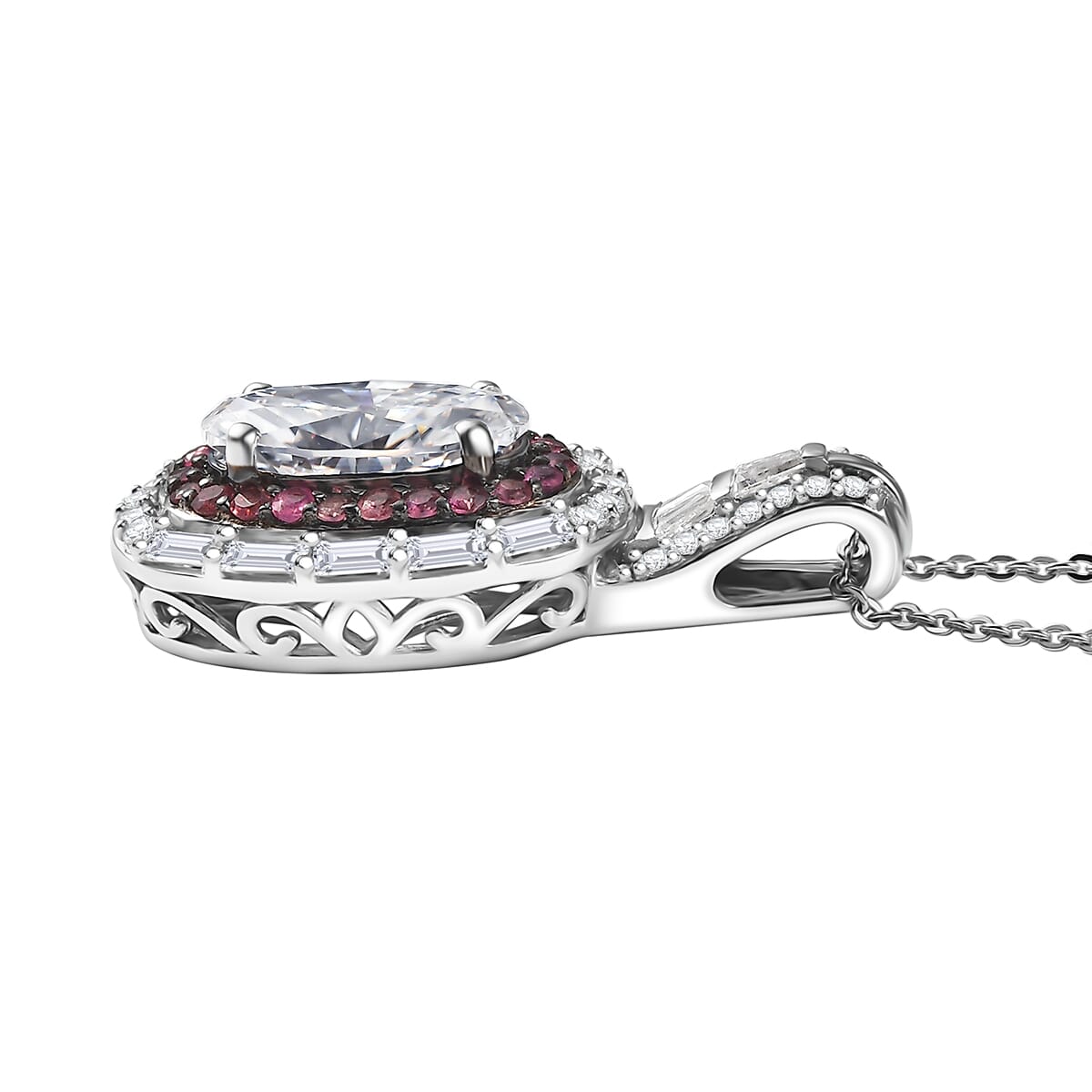 Moissanite (Oct 12x6mm), Tsavorite Garnet Pendant Necklace (20 Inches) in Rhodium Over Sterling Silver 4.40 ctw image number 3
