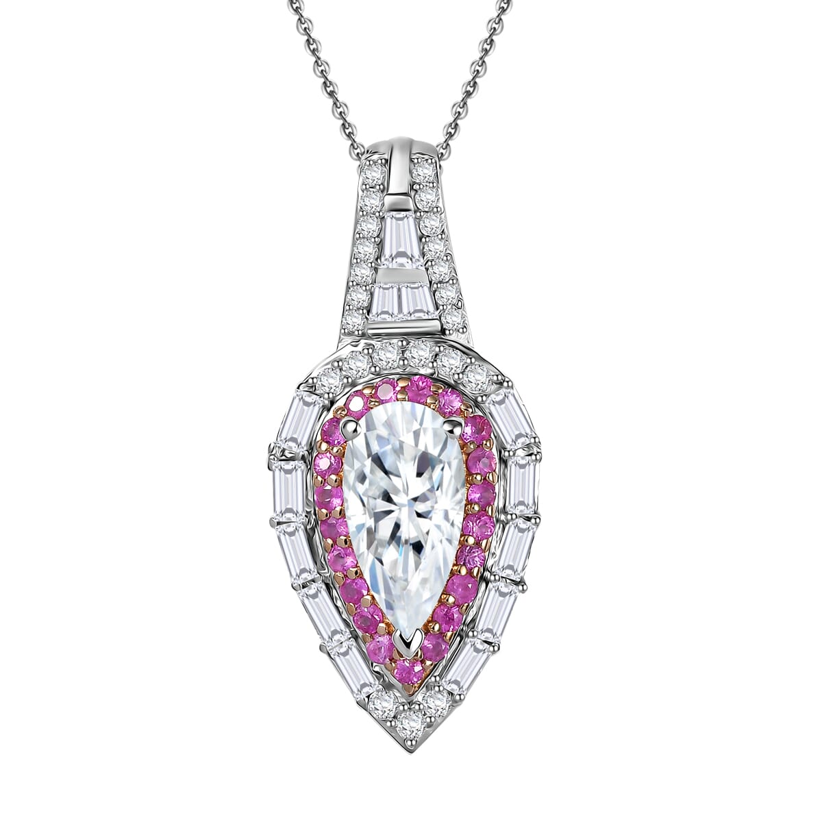 Moissanite and Madagascar Pink Sapphire 3.40 ctw Pendant Necklace in 18K Vermil RG and Rhodium Over Sterling Silver 20 Inches image number 0