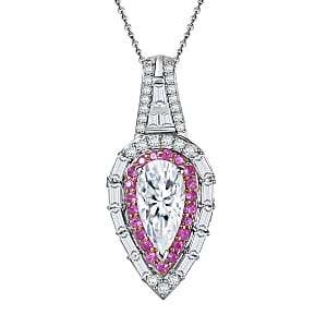 D'Joy Moissanite and Madagascar Pink Sapphire 3.40 ctw Art Deco Pendant Necklace in 18K Vermil RG and Rhodium Over Sterling Silver 20 Inches