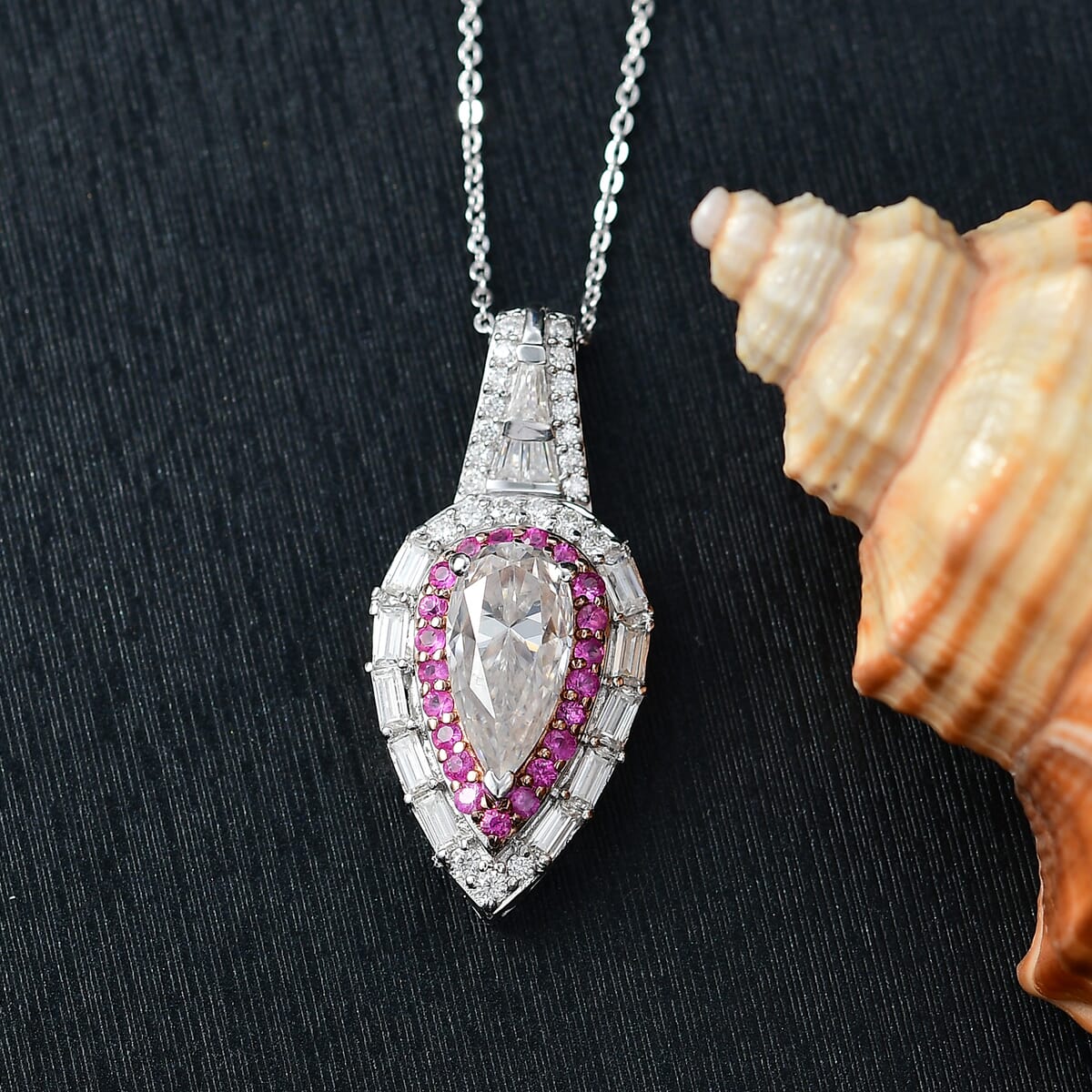 Moissanite and Madagascar Pink Sapphire 3.40 ctw Pendant Necklace in 18K Vermil RG and Rhodium Over Sterling Silver 20 Inches image number 1