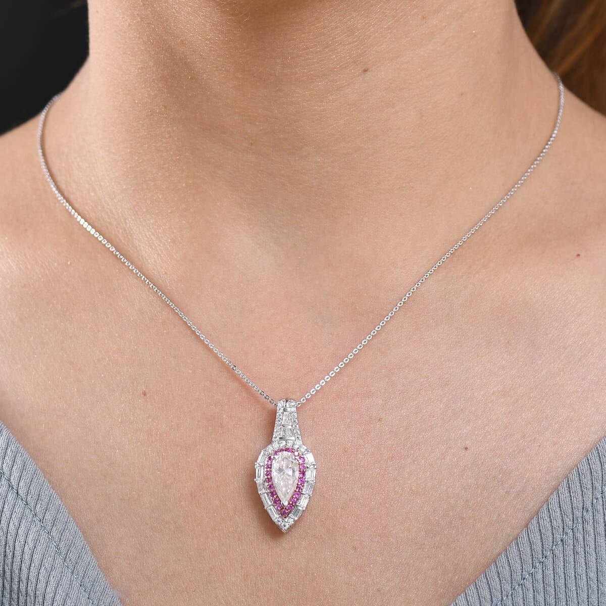 Moissanite and Madagascar Pink Sapphire 3.40 ctw Pendant Necklace in 18K Vermil RG and Rhodium Over Sterling Silver 20 Inches image number 2