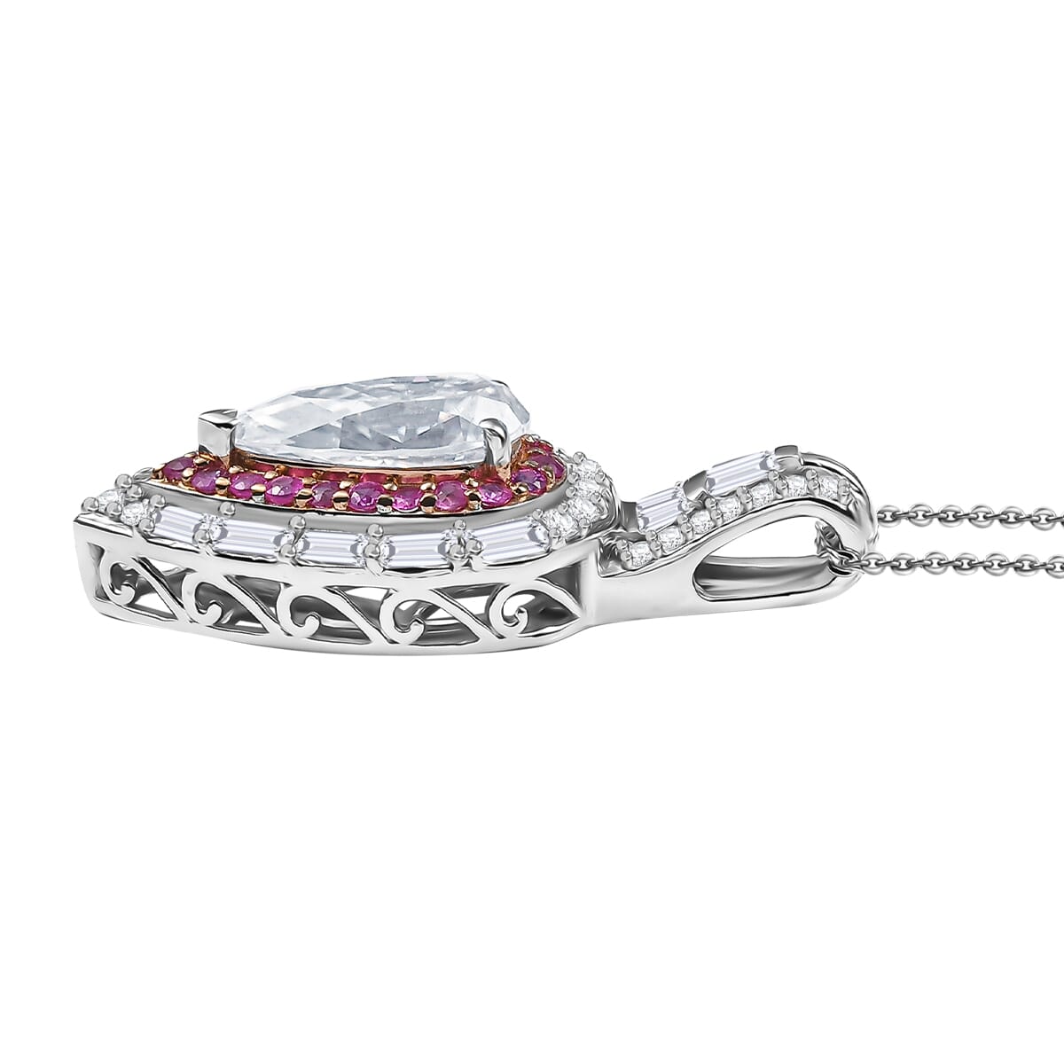 Moissanite and Madagascar Pink Sapphire 3.40 ctw Pendant Necklace in 18K Vermil RG and Rhodium Over Sterling Silver 20 Inches image number 3