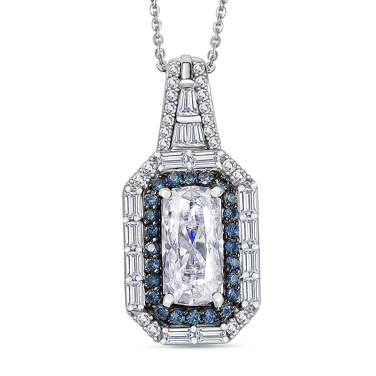 D'Joy Moissanite and Ceylon Blue Sapphire 4.00 ctw Art Deco Pendant Necklace 20 Inches in Rhodium Over Sterling Silver image number 0